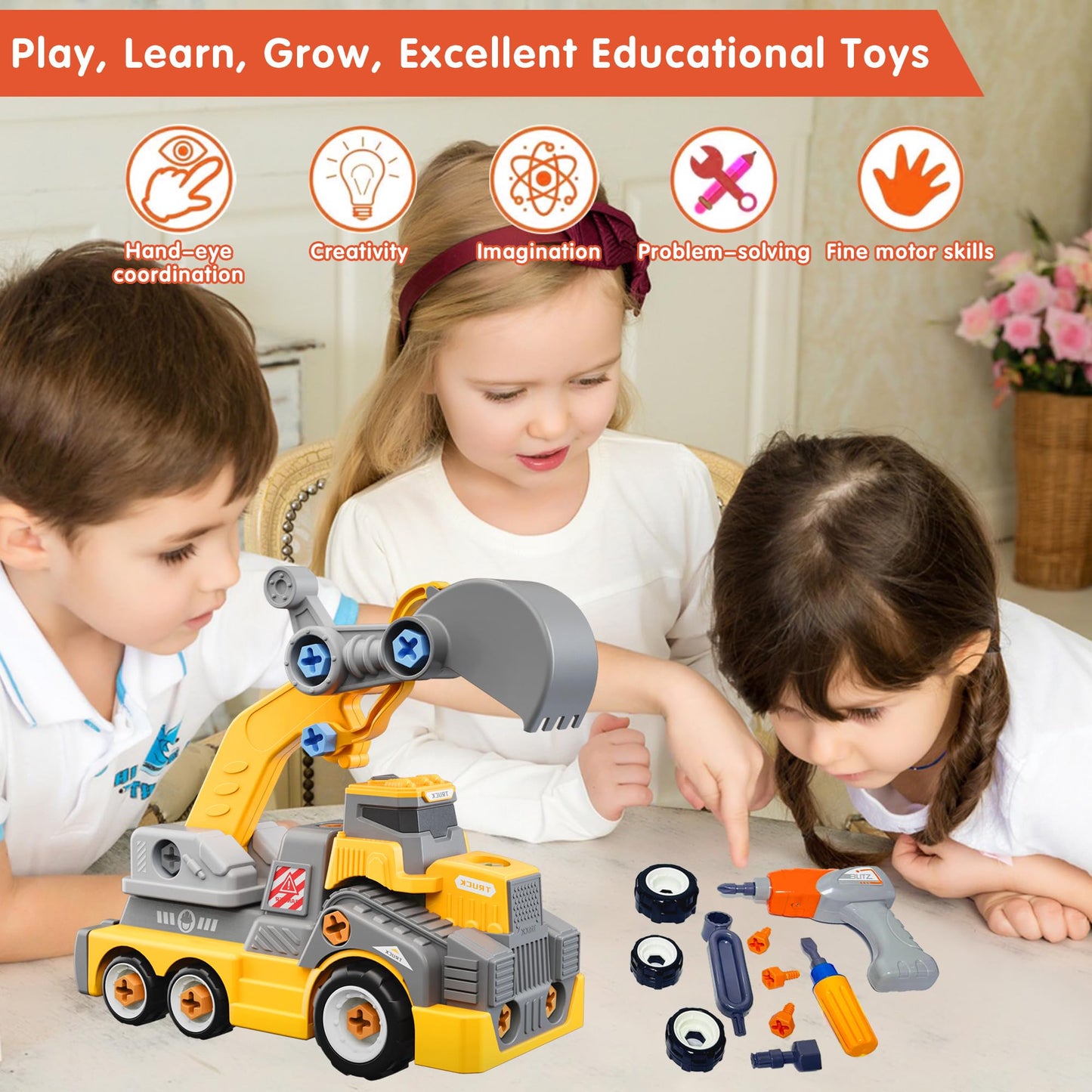 EKU EASYKU 11-Inch Take-Apart Excavator Truck with Electric Drill Set – STEM Building Toy for Kids 3-8