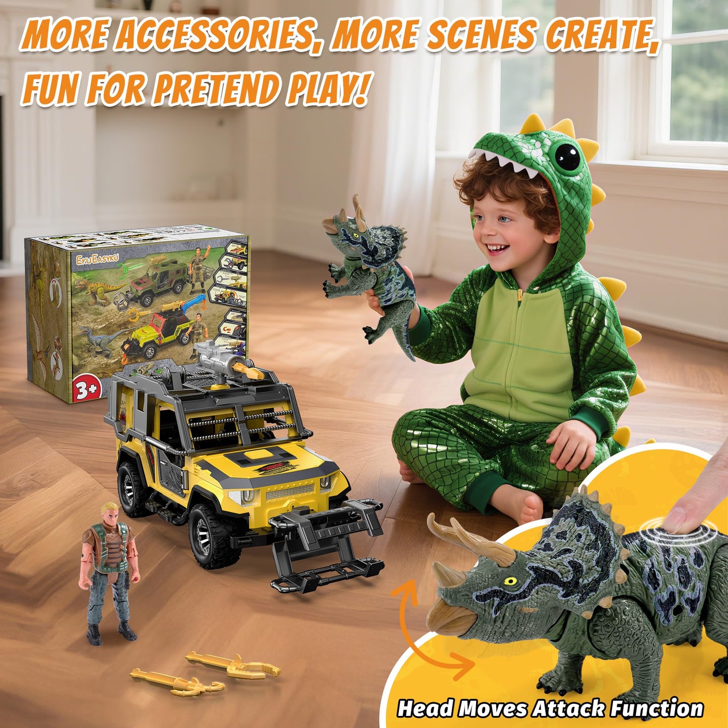 EKU EASYKU Dinosaur Rescue Vehicle Toy Set – Push & Go Truck with 10 Sound Effects