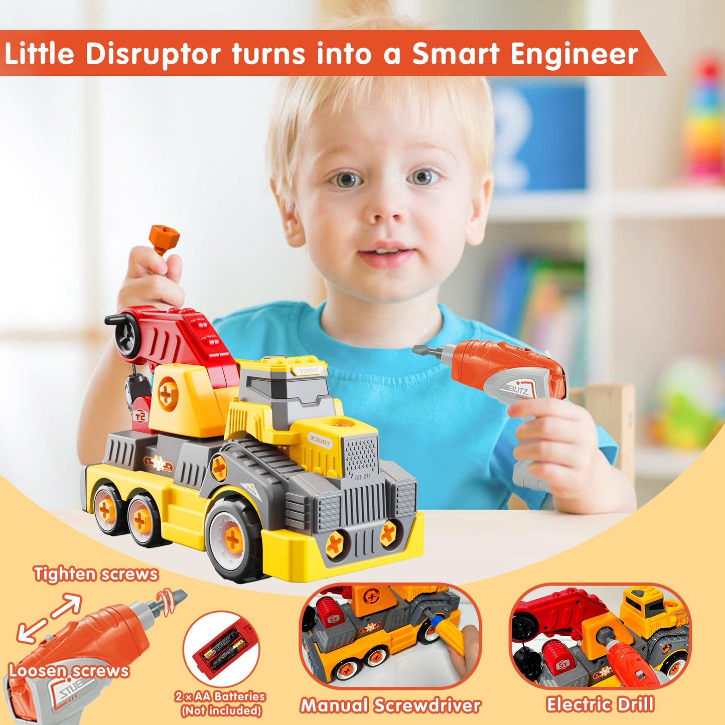 EKU EASYKU 11-Inch Take-Apart Crane Truck | Electric Drill STEM Toy for Kids 3-10