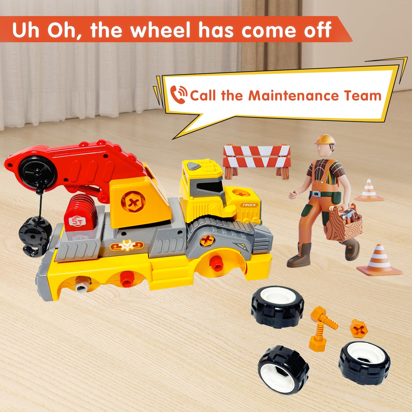 EKU EASYKU 11-Inch Take-Apart Crane Truck | Electric Drill STEM Toy for Kids 3-10