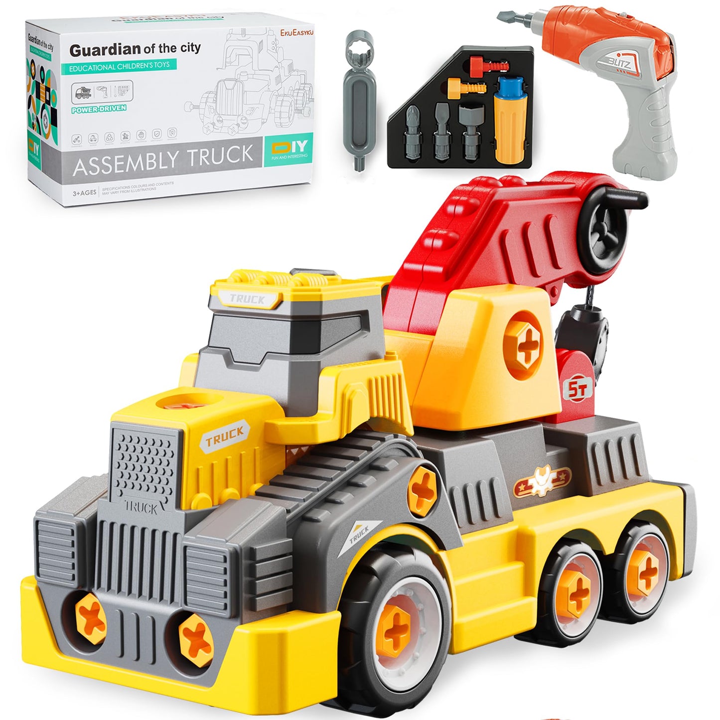 EKU EASYKU 11-Inch Take-Apart Crane Truck | Electric Drill STEM Toy for Kids 3-10