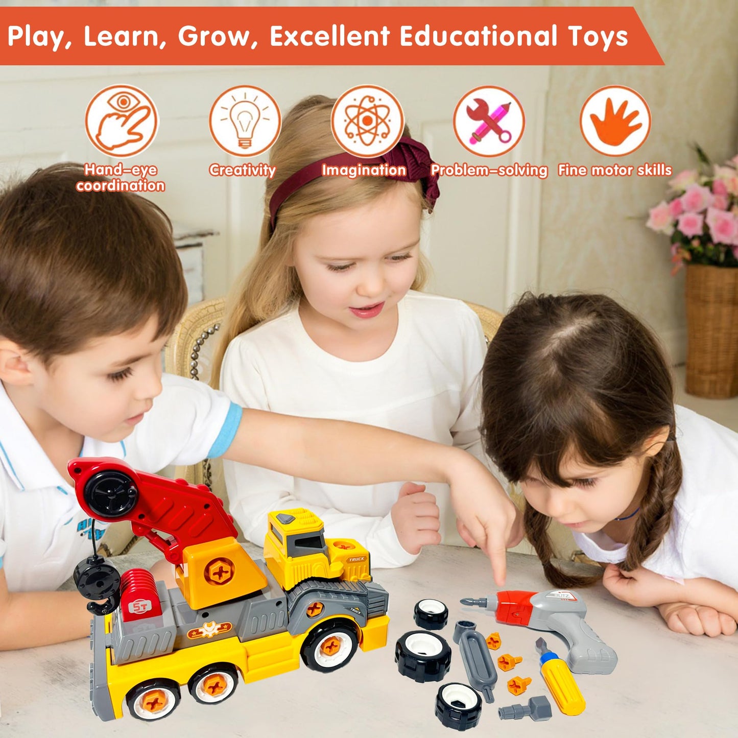 EKU EASYKU 11-Inch Take-Apart Crane Truck | Electric Drill STEM Toy for Kids 3-10