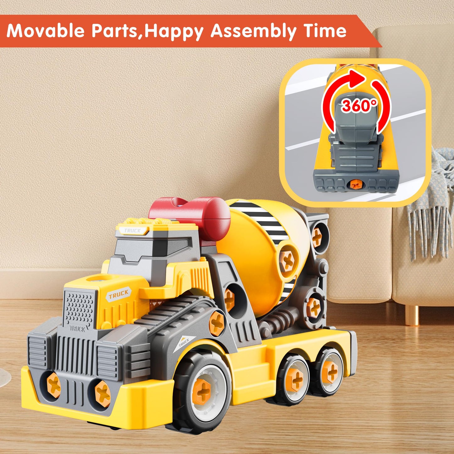 EKU EASYKU 11in Cement Mixer Take-Apart Toy with Electric Drill – STEM Building Kit for Kids 3–8