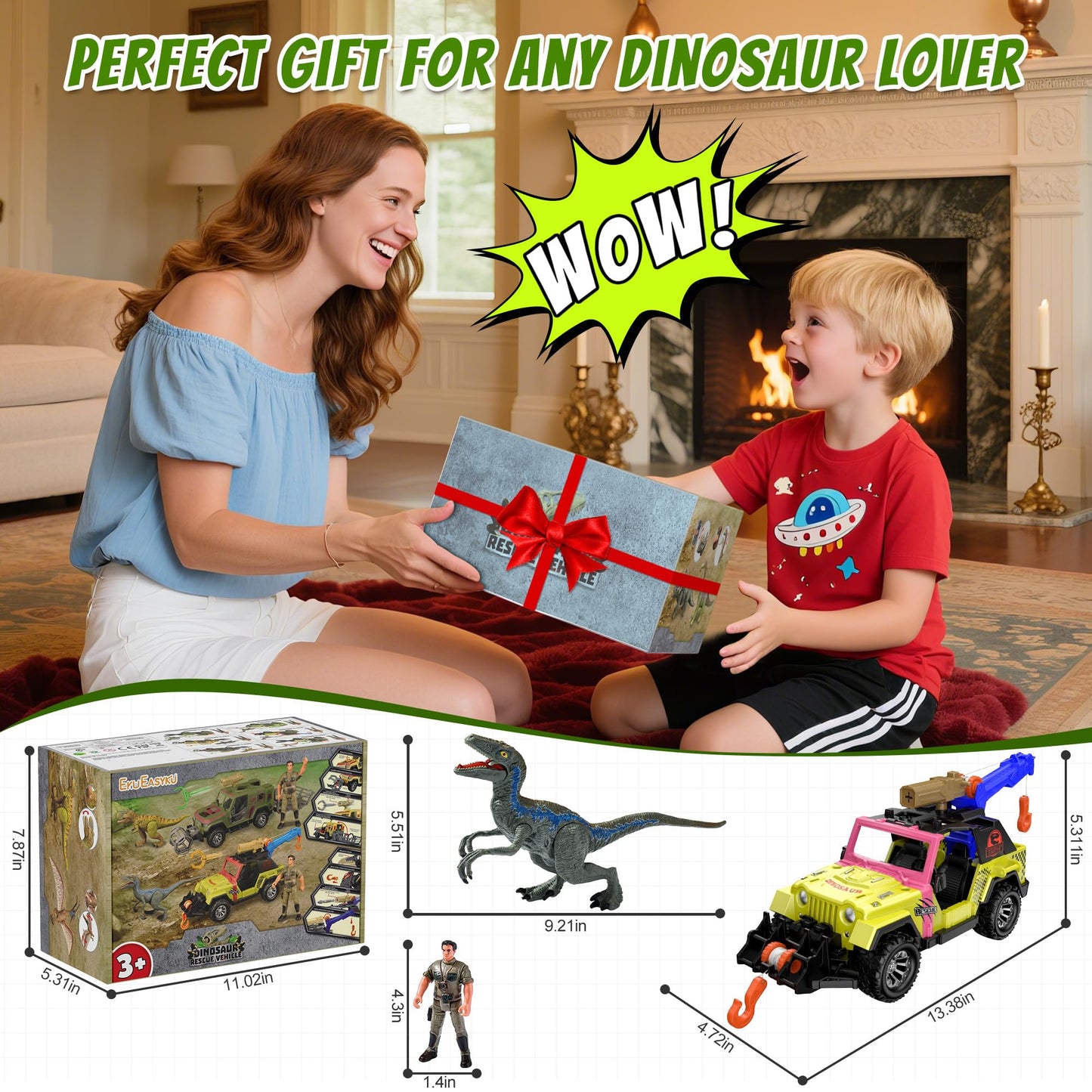 EKU EasyKU Dinosaur Tow Truck with 10 Sounds | Launcher, Velociraptor & Human Figure