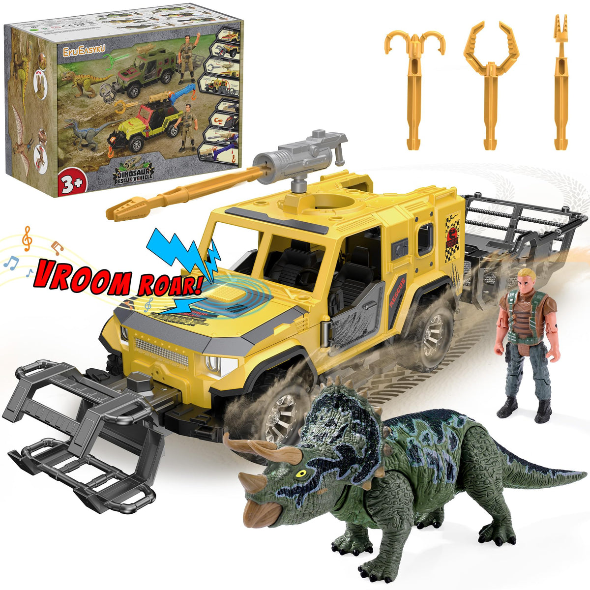 EKU EASYKU Dinosaur Rescue Vehicle Toy Set – Push & Go Truck with 10 Sound Effects