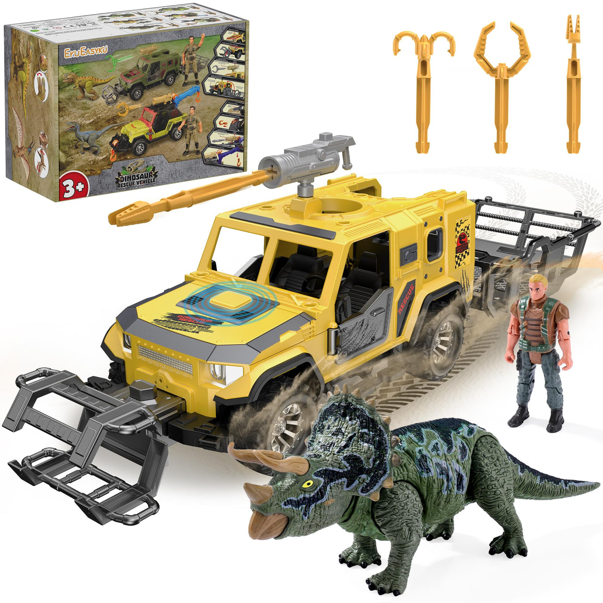 EKU EASYKU Dinosaur Rescue Vehicle Toy Set – Push & Go Truck with 10 Sound Effects