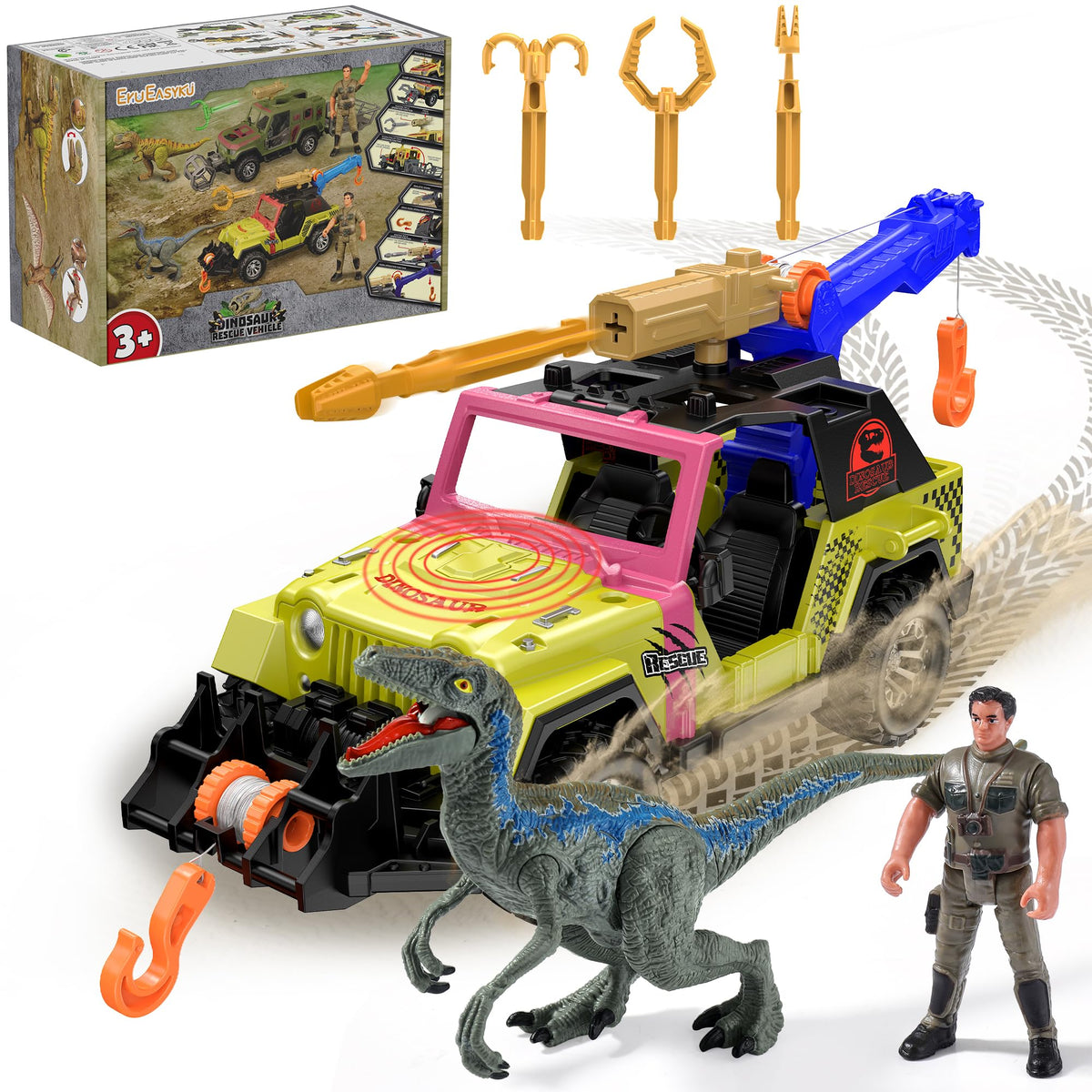 EKU EasyKU Dinosaur Tow Truck with 10 Sounds | Launcher, Velociraptor & Human Figure