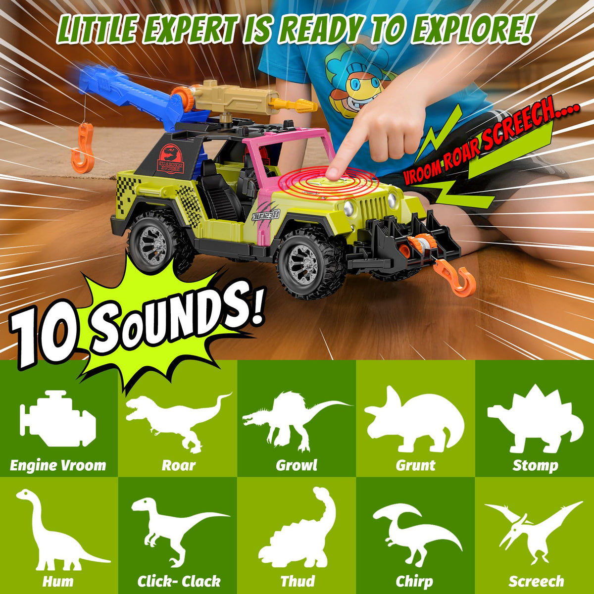 EKU EasyKU Dinosaur Tow Truck with 10 Sounds | Launcher, Velociraptor & Human Figure