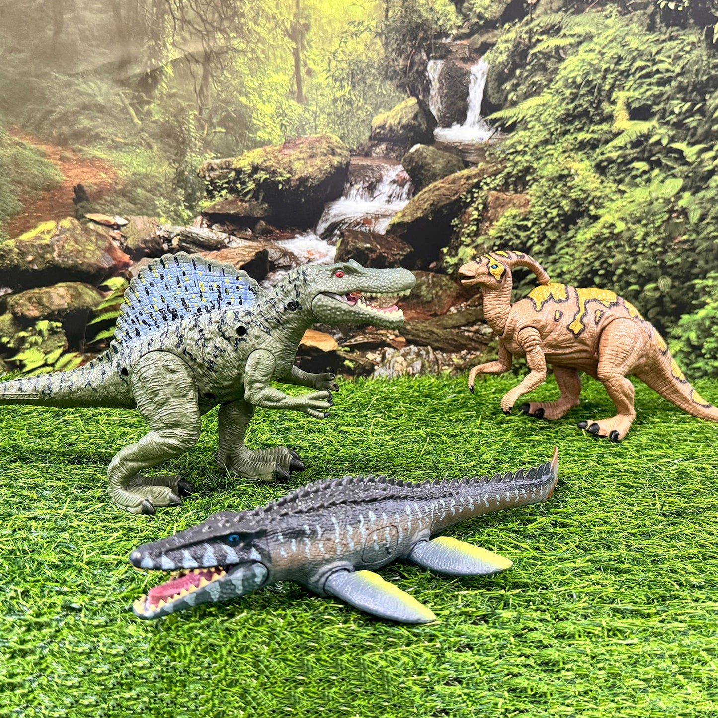 EKU EASYKU Dino Toys: Spinosaurus, Mosasaurus & Parasaurolophus with Movable Heads for Kids 3–12