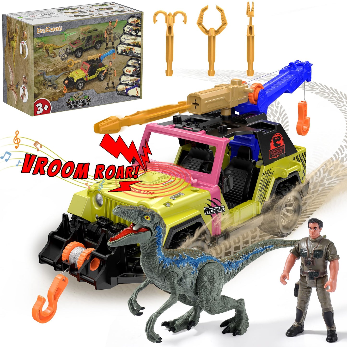 EKU EasyKU Dinosaur Tow Truck with 10 Sounds | Launcher, Velociraptor & Human Figure