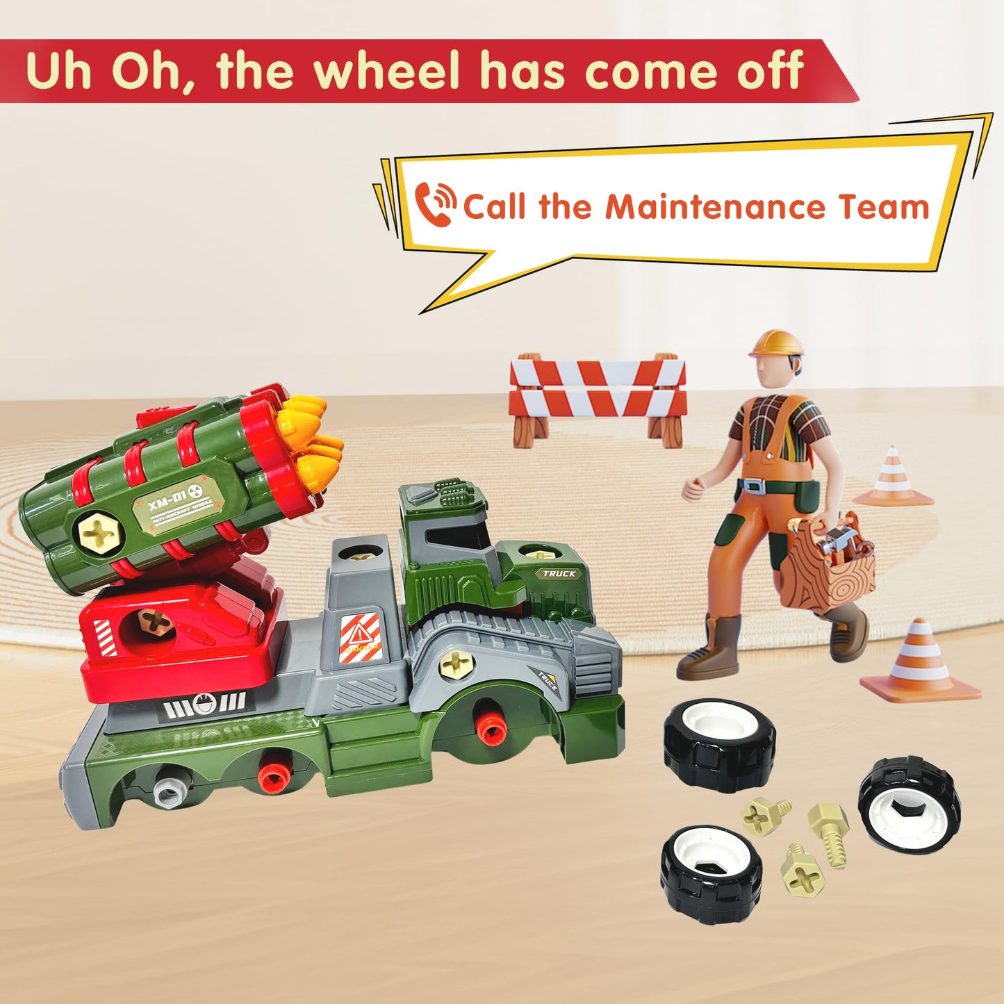 EKU EASYKU 11-Inch Take-A-Part Army Toy Truck with Drill | STEM Builder for Kids 3–9