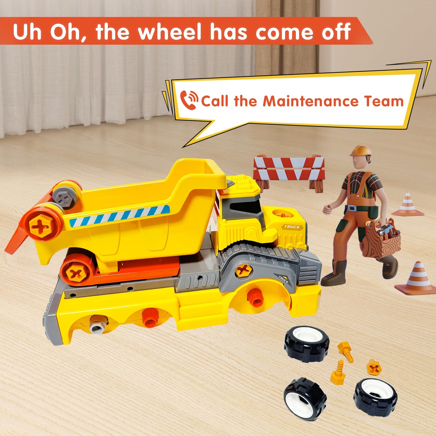 EKU EASYKU 11-Inch Take-Apart Dump Truck with Electric Drill — STEM Building Toy for Kids 3-9