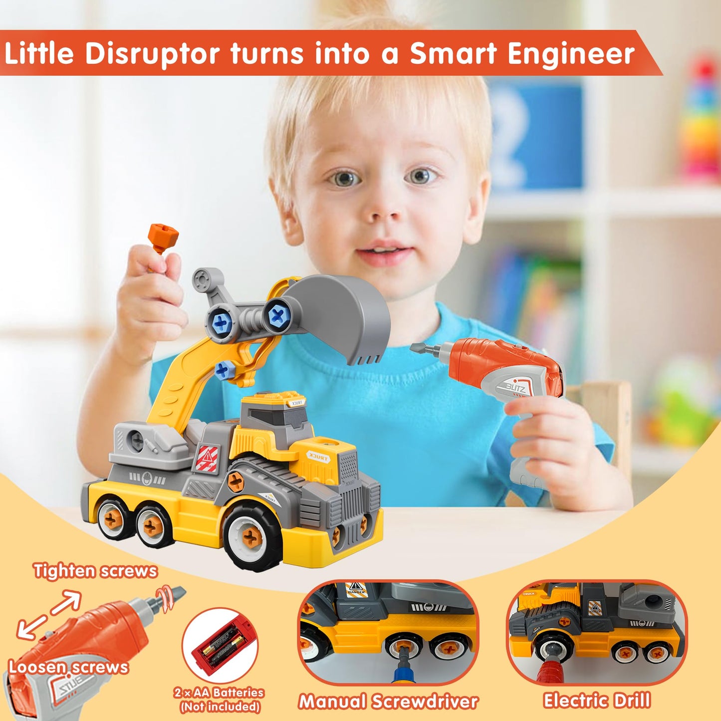 EKU EASYKU 11-Inch Take-Apart Excavator Truck with Electric Drill Set – STEM Building Toy for Kids 3-8