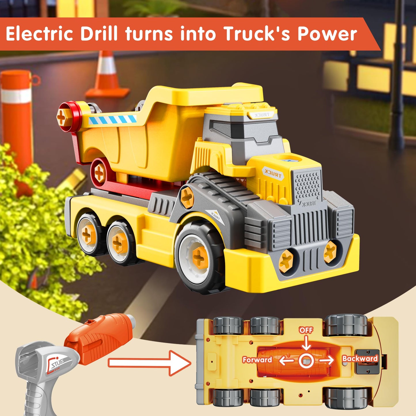 EKU EASYKU 11-Inch Take-Apart Dump Truck with Electric Drill — STEM Building Toy for Kids 3-9