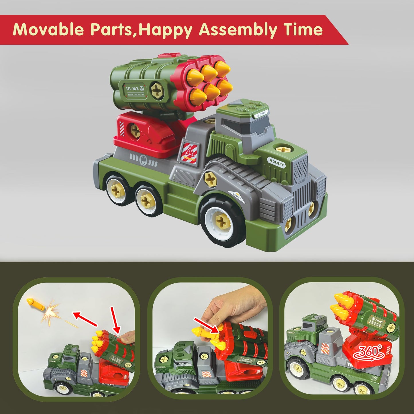 EKU EASYKU 11-Inch Take-A-Part Army Toy Truck with Drill | STEM Builder for Kids 3–9