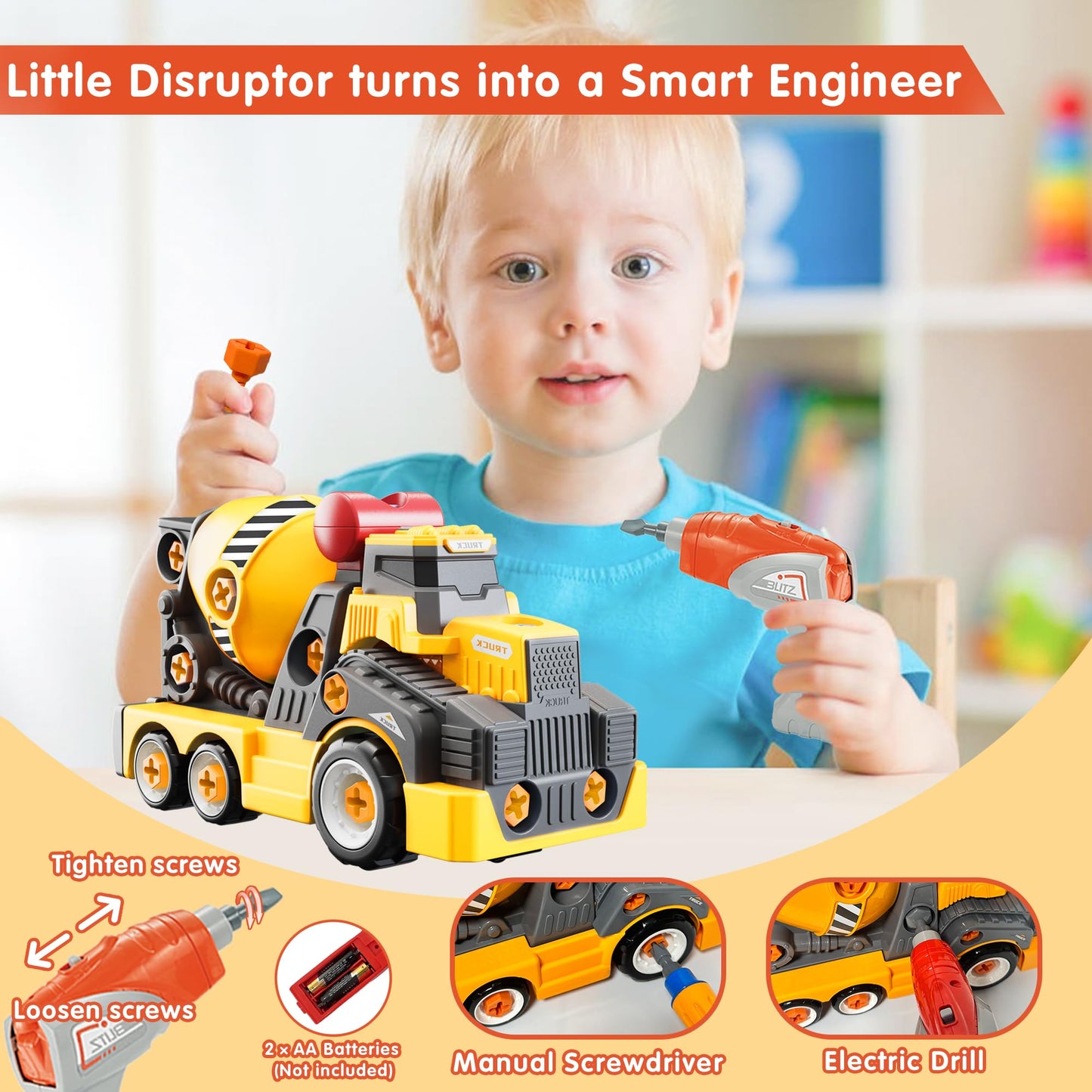 EKU EASYKU 11in Cement Mixer Take-Apart Toy with Electric Drill – STEM Building Kit for Kids 3–8