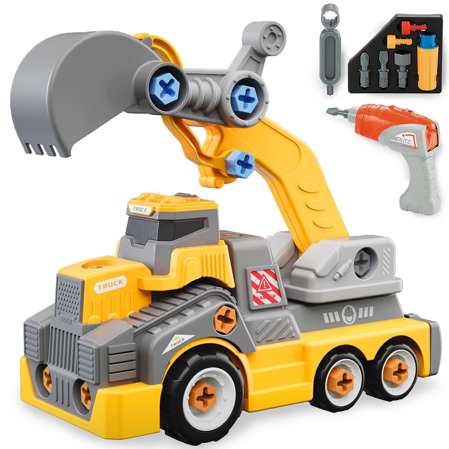 EKU EASYKU 11-Inch Take-Apart Excavator Truck with Electric Drill Set – STEM Building Toy for Kids 3-8
