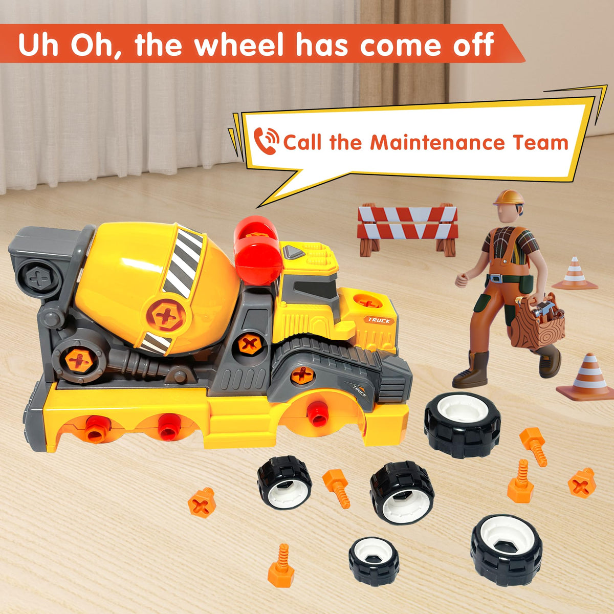 EKU EASYKU 11in Cement Mixer Take-Apart Toy with Electric Drill – STEM Building Kit for Kids 3–8