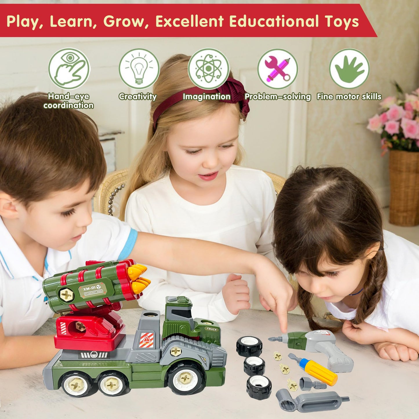 EKU EASYKU 11-Inch Take-A-Part Army Toy Truck with Drill | STEM Builder for Kids 3–9