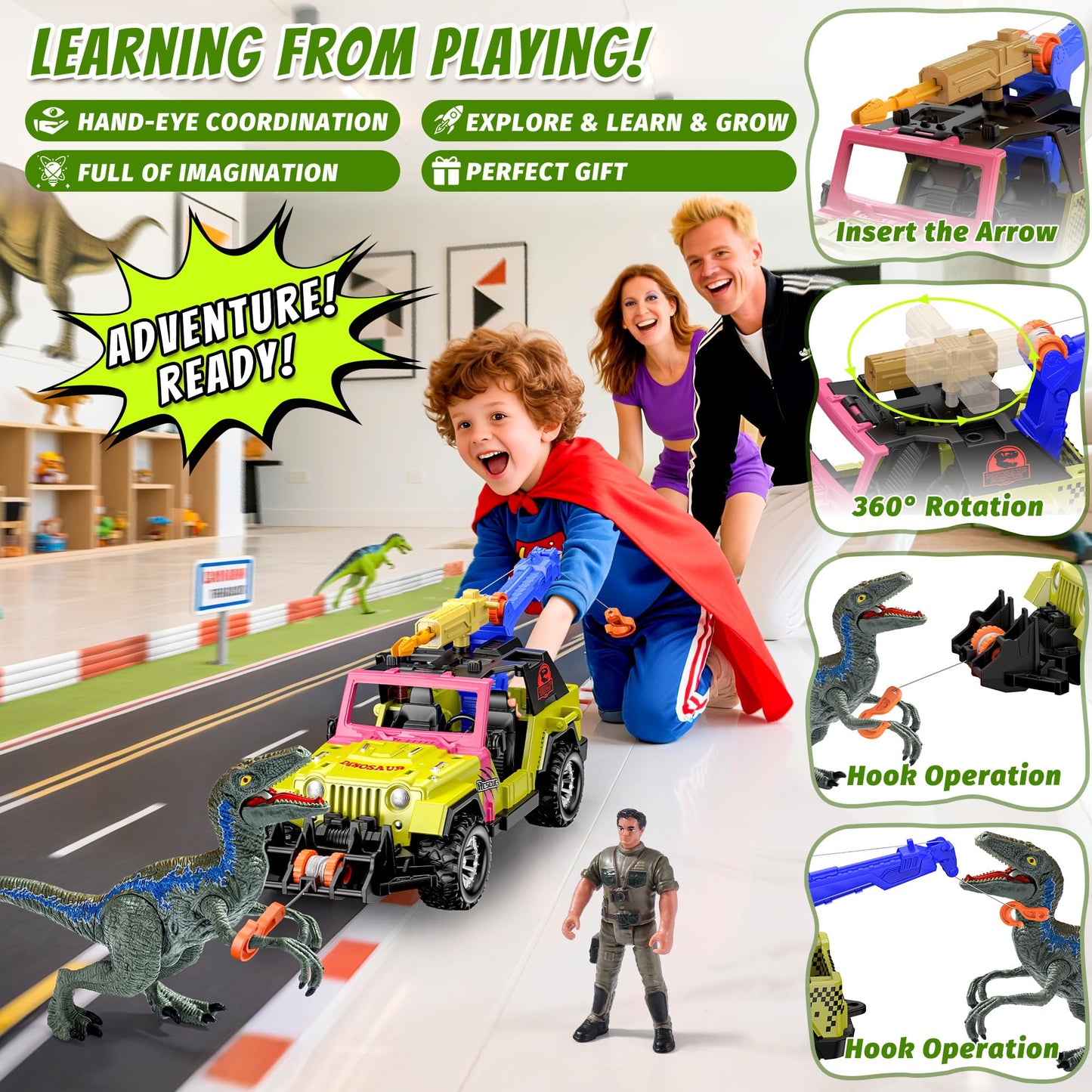 EKU EasyKU Dinosaur Tow Truck with 10 Sounds | Launcher, Velociraptor & Human Figure