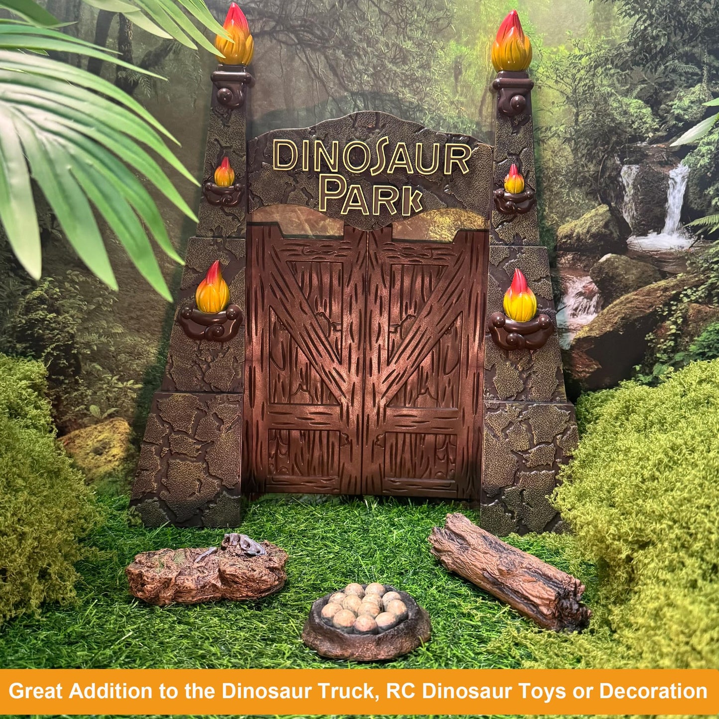EKU EASYKU 12-Inch Realistic Dinosaur Park Gate with Log, Egg Nest & Stone – Ideal Dino Toy Accessory