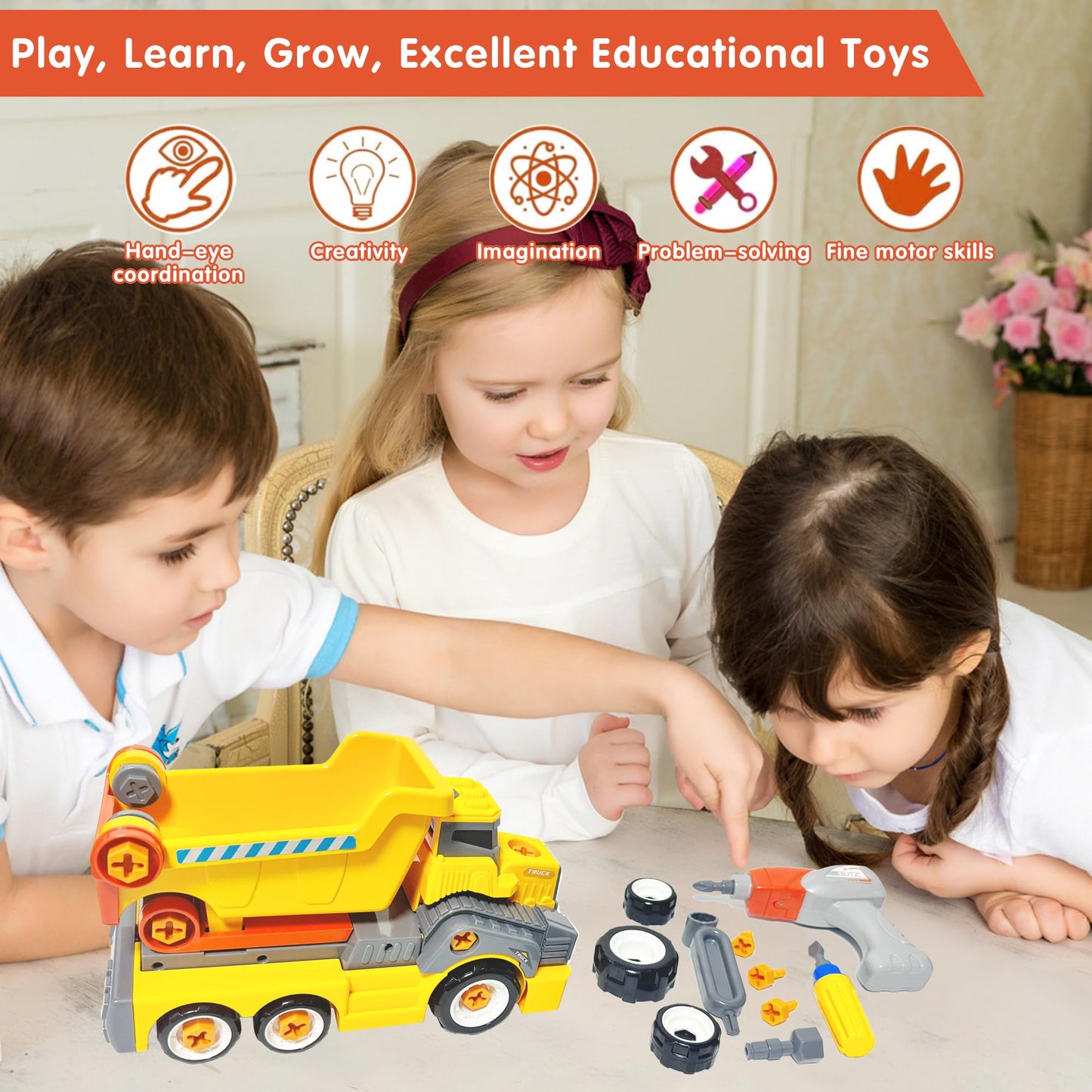 EKU EASYKU 11-Inch Take-Apart Dump Truck with Electric Drill — STEM Building Toy for Kids 3-9