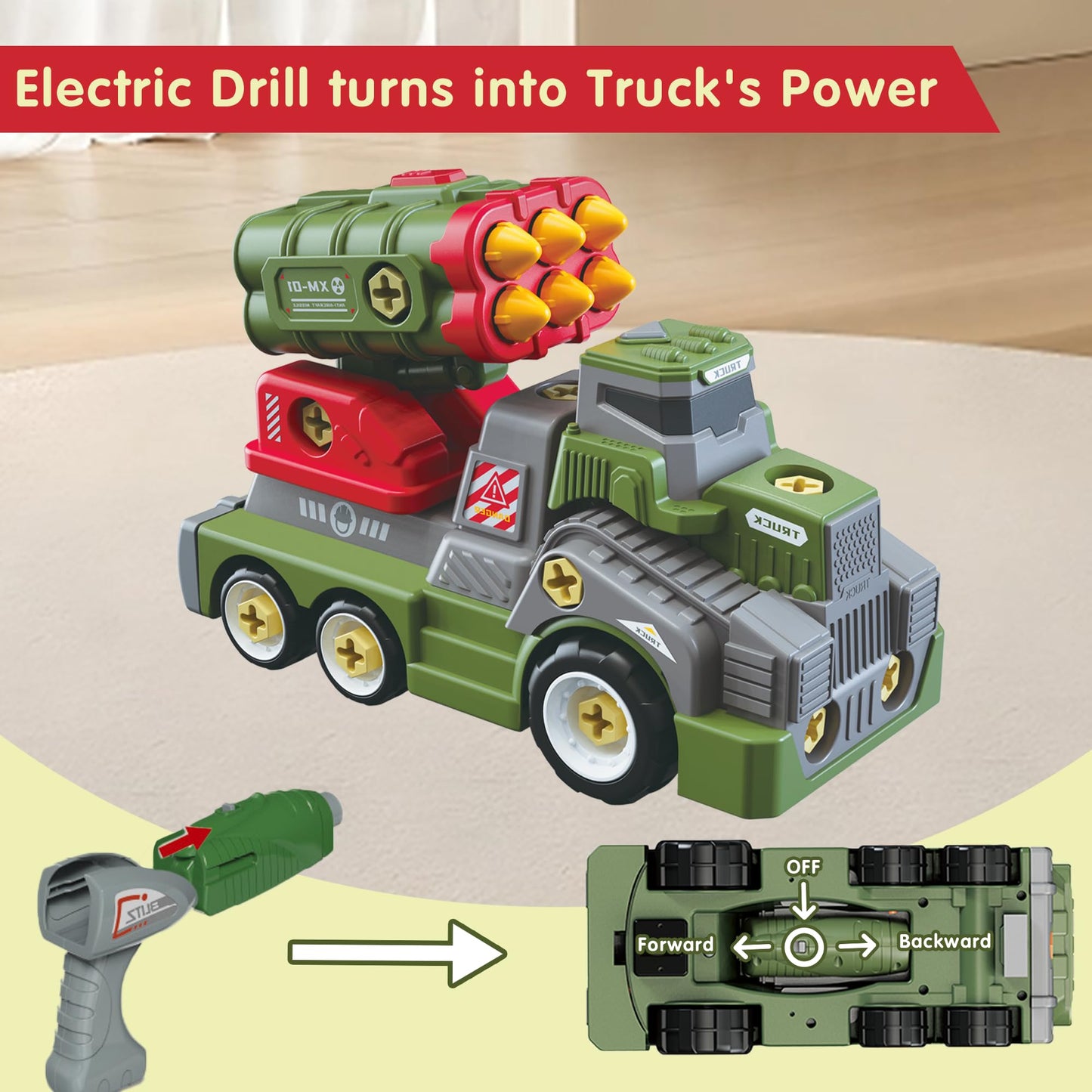 EKU EASYKU 11-Inch Take-A-Part Army Toy Truck with Drill | STEM Builder for Kids 3–9
