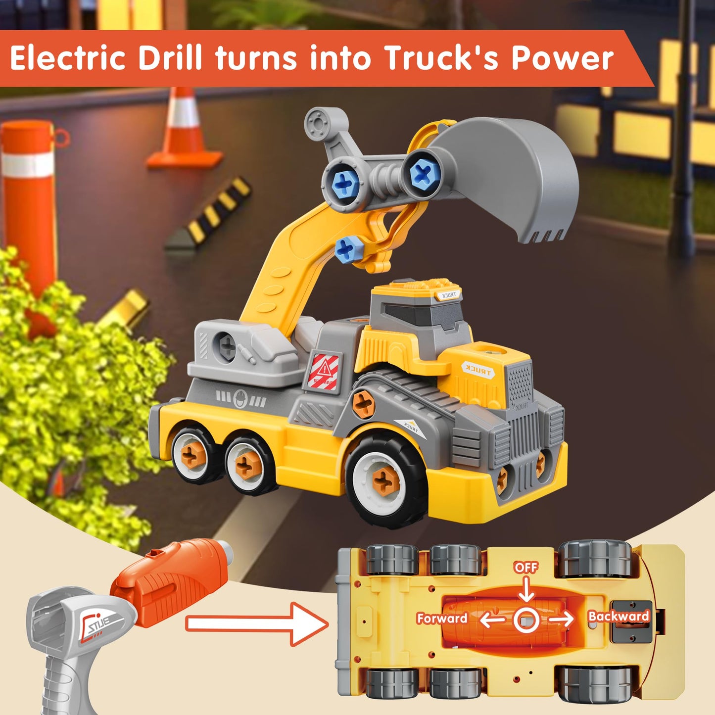 EKU EASYKU 11-Inch Take-Apart Excavator Truck with Electric Drill Set – STEM Building Toy for Kids 3-8