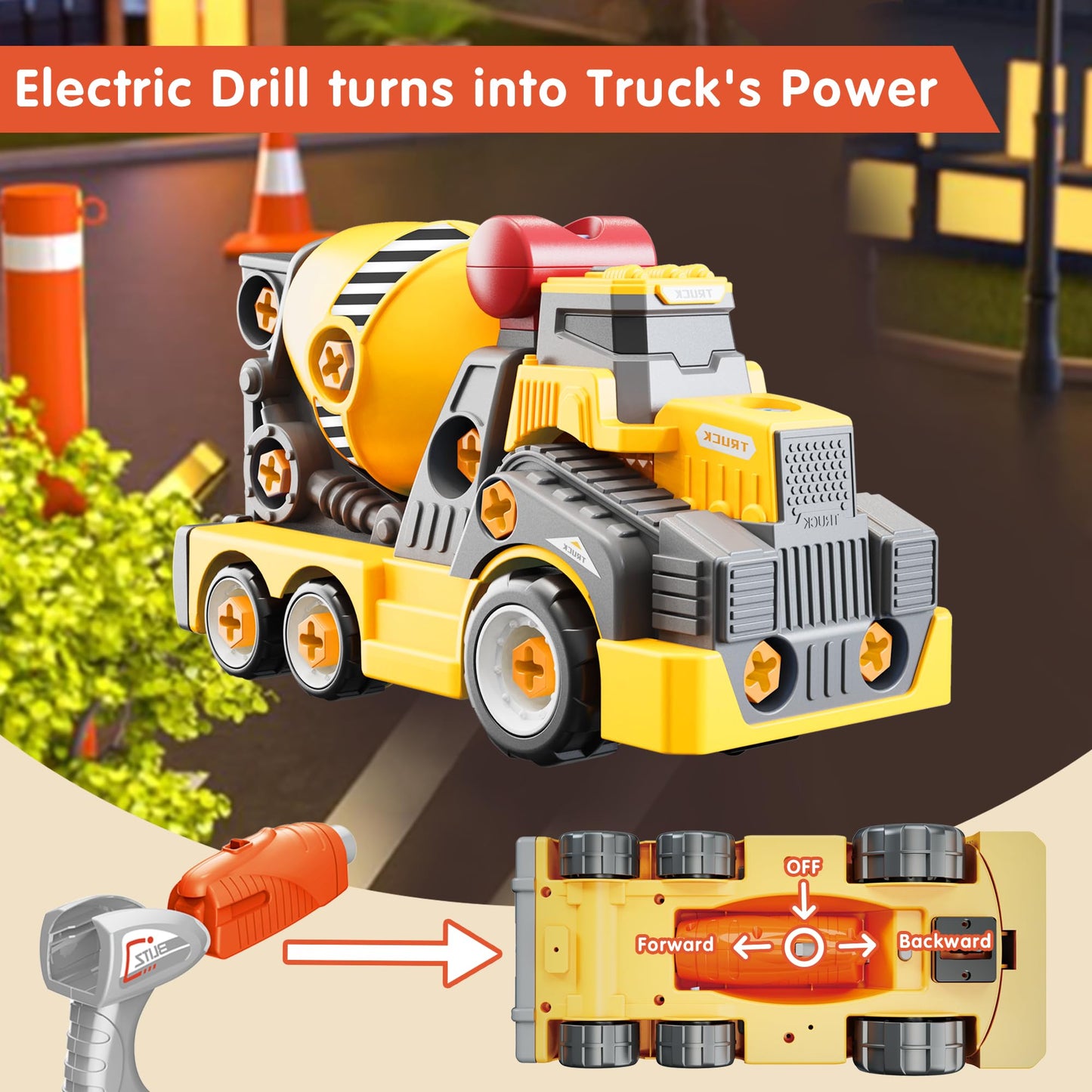 EKU EASYKU 11in Cement Mixer Take-Apart Toy with Electric Drill – STEM Building Kit for Kids 3–8