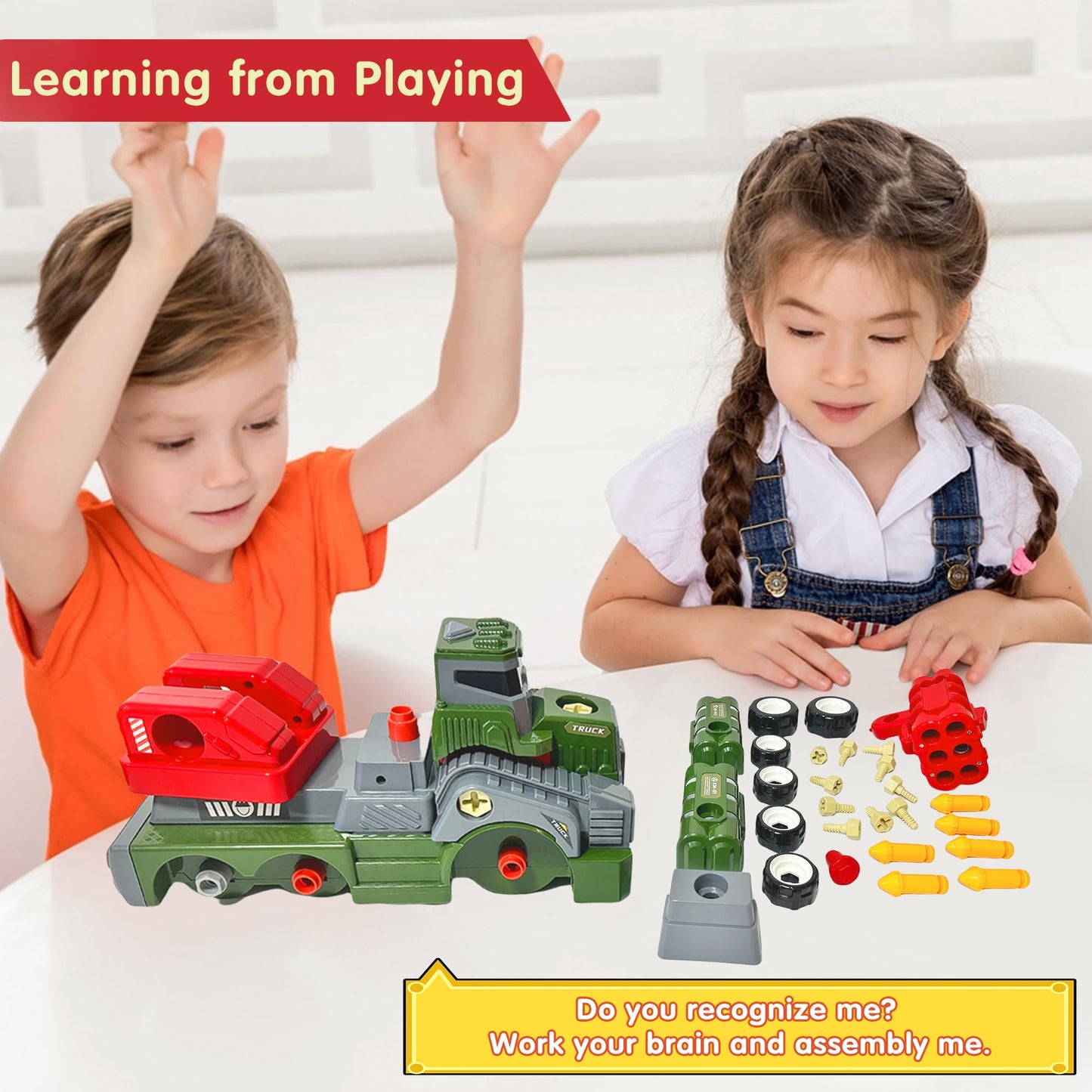 EKU EASYKU 11-Inch Take-A-Part Army Toy Truck with Drill | STEM Builder for Kids 3–9