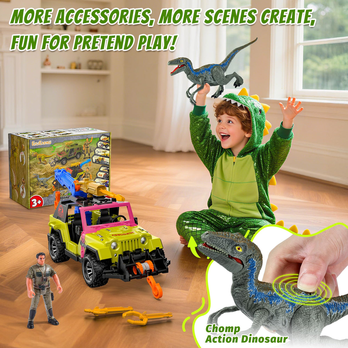 EKU EasyKU Dinosaur Tow Truck with 10 Sounds | Launcher, Velociraptor & Human Figure