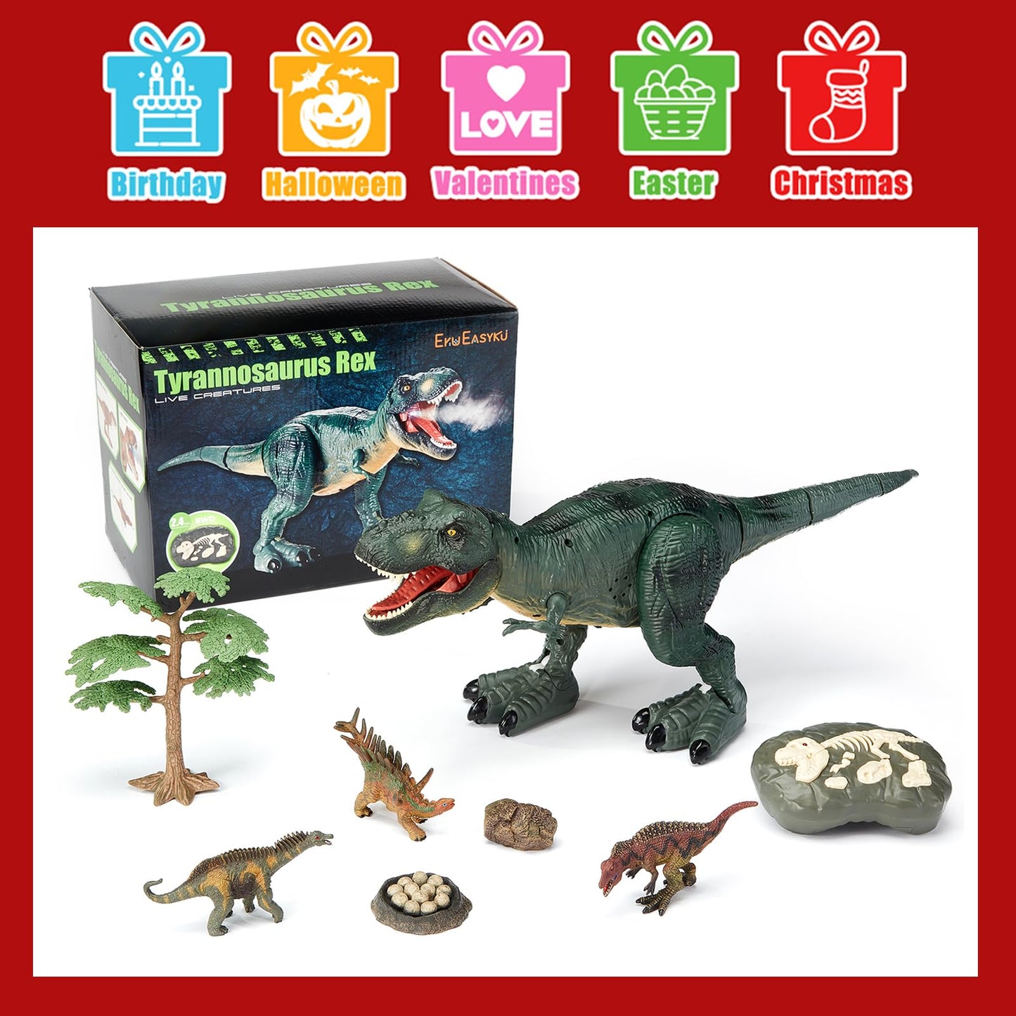 EKU EASYKU 21-inch RC T-Rex Dinosaur Toy — Real Walking, Roaring, Lights & Mist Spray
