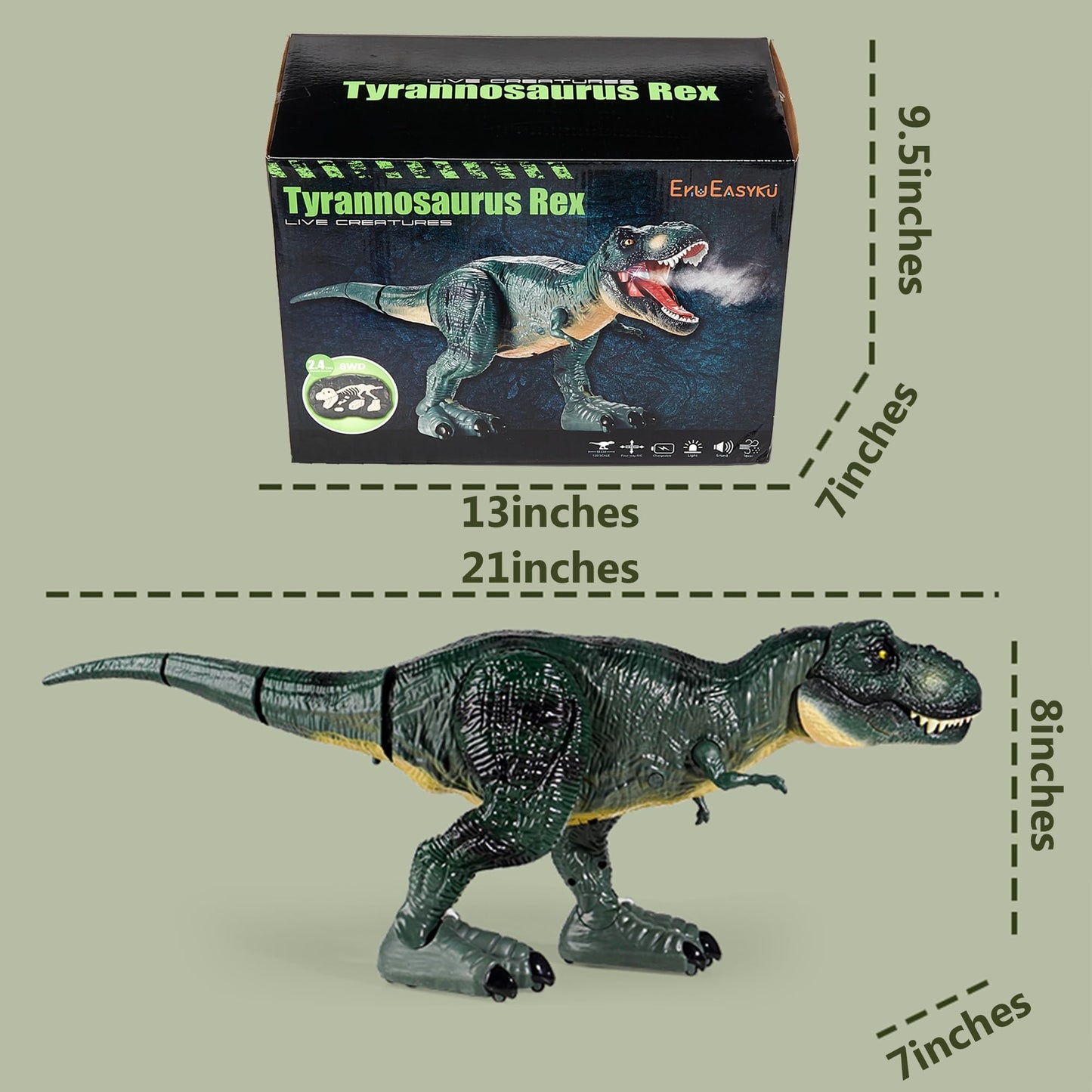 EKU EASYKU 21-inch RC T-Rex Dinosaur Toy — Real Walking, Roaring, Lights & Mist Spray