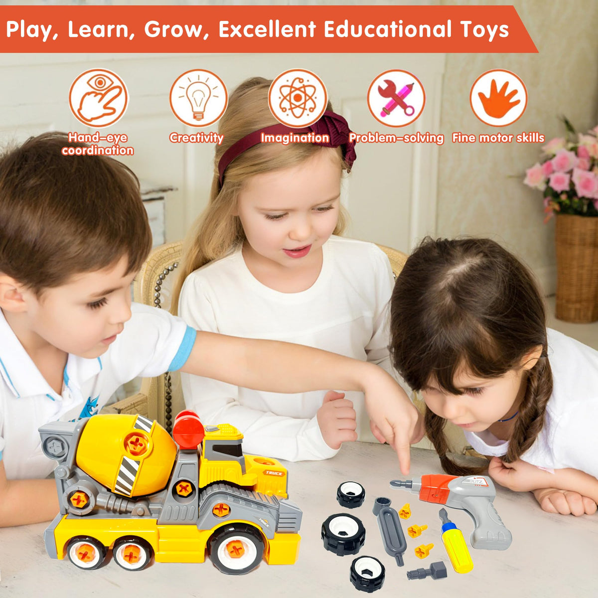 EKU EASYKU 11in Cement Mixer Take-Apart Toy with Electric Drill – STEM Building Kit for Kids 3–8