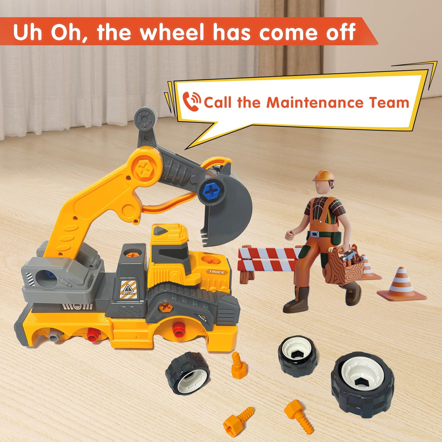 EKU EASYKU 11-Inch Take-Apart Excavator Truck with Electric Drill Set – STEM Building Toy for Kids 3-8