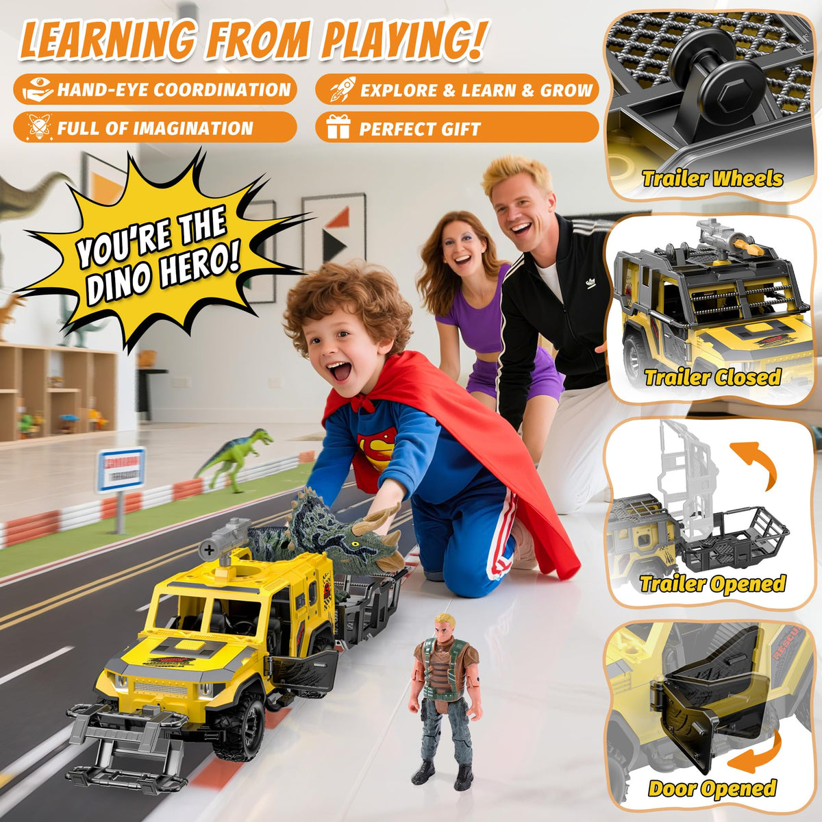 EKU EASYKU Dinosaur Rescue Vehicle Toy Set – Push & Go Truck with 10 Sound Effects
