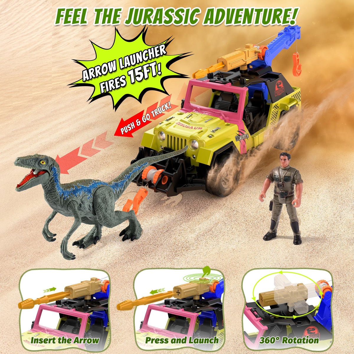 EKU EasyKU Dinosaur Tow Truck with 10 Sounds | Launcher, Velociraptor & Human Figure