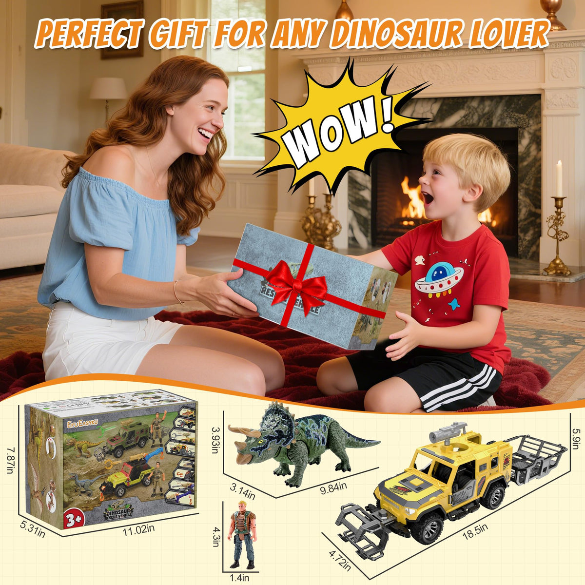 EKU EASYKU Dinosaur Rescue Vehicle Toy Set – Push & Go Truck with 10 Sound Effects