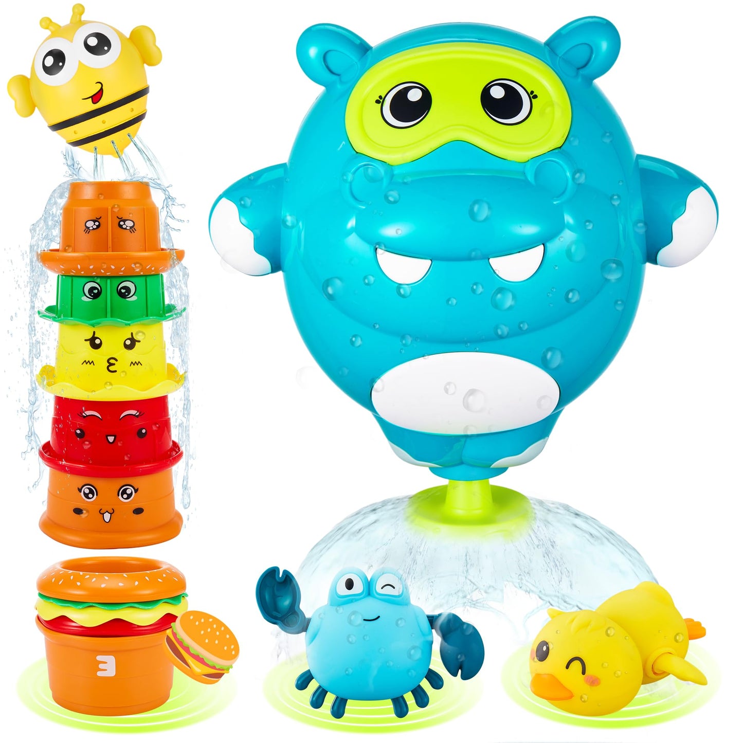 EKU EASYKU Hippo Bath Toys – 18m+ Toddler Water Play Set with Burger Cups, Duck & Crab