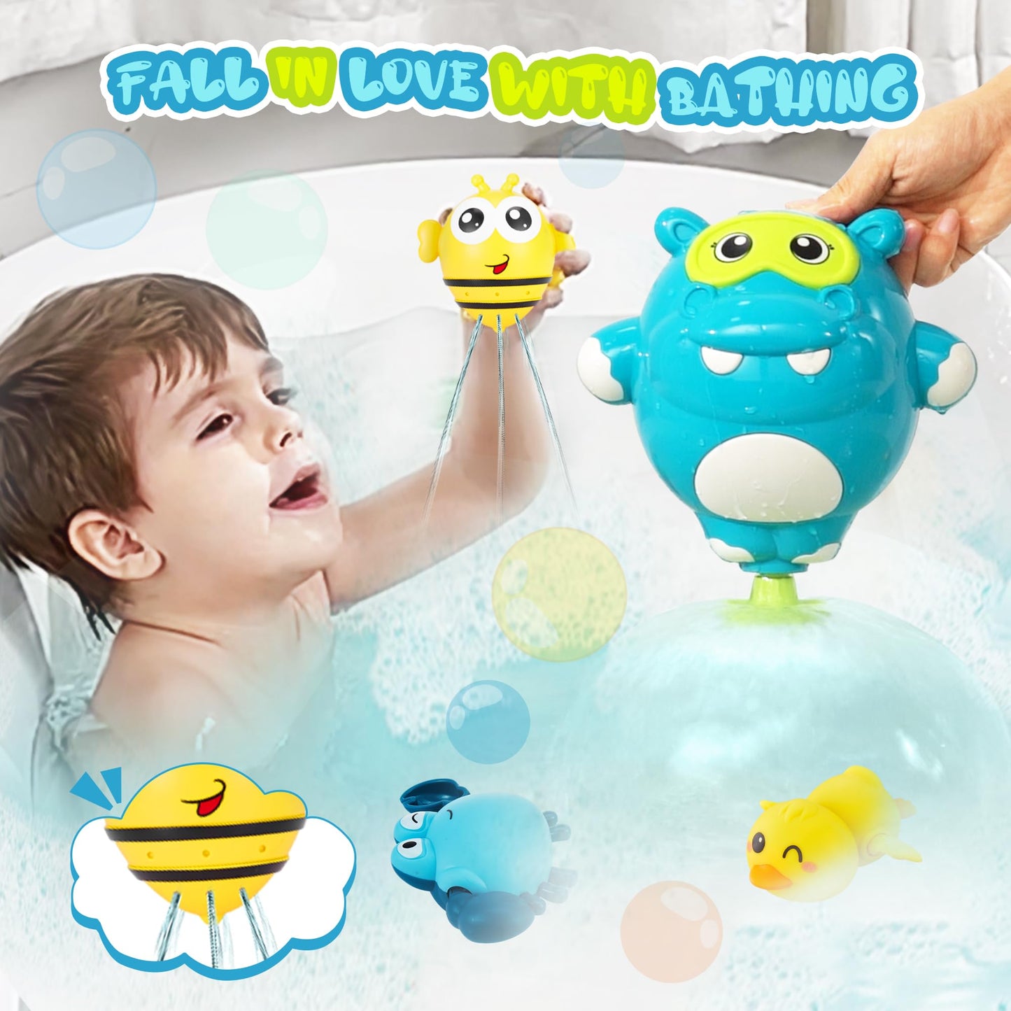 EKU EASYKU Hippo Bath Toys – 18m+ Toddler Water Play Set with Burger Cups, Duck & Crab