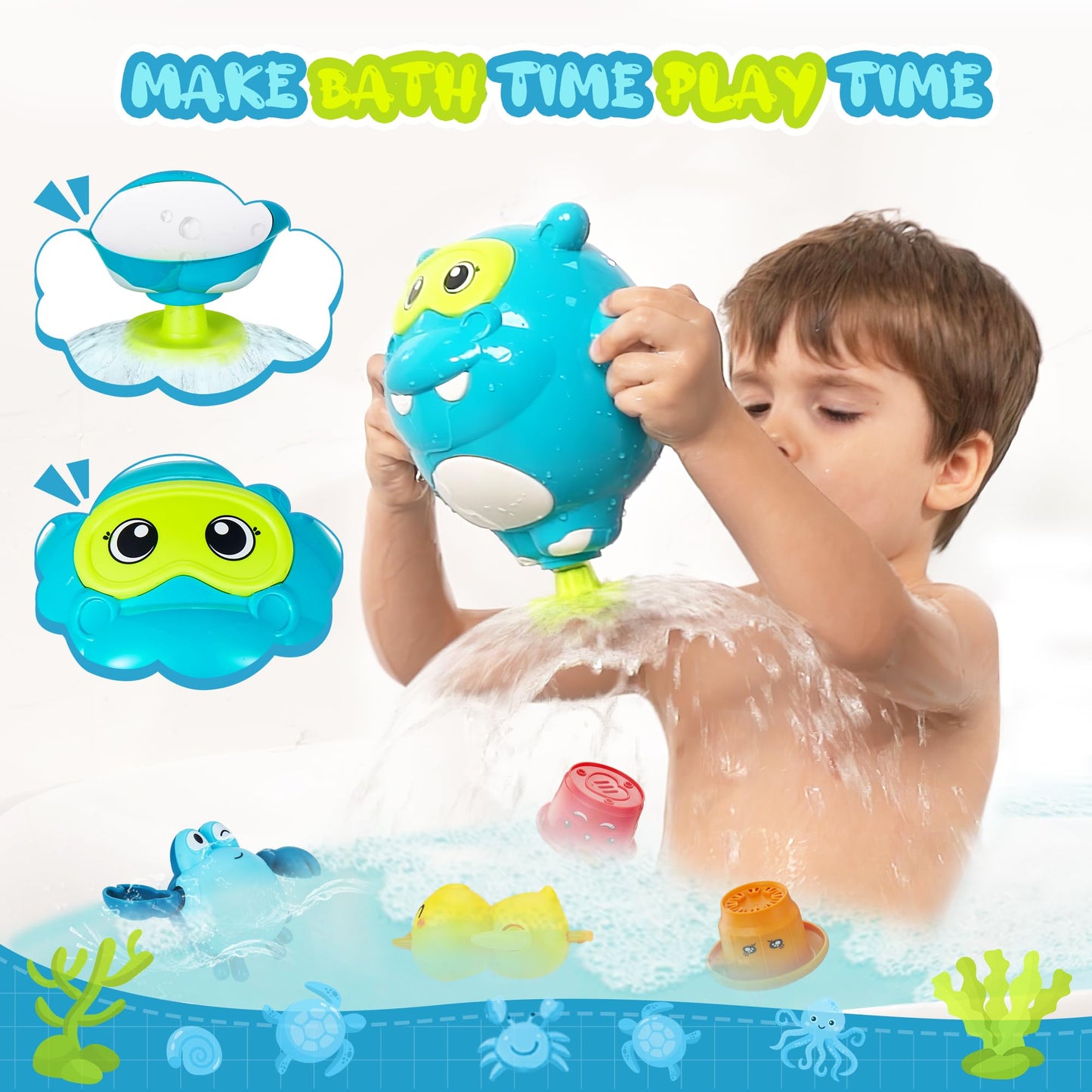 EKU EASYKU Hippo Bath Toys – 18m+ Toddler Water Play Set with Burger Cups, Duck & Crab