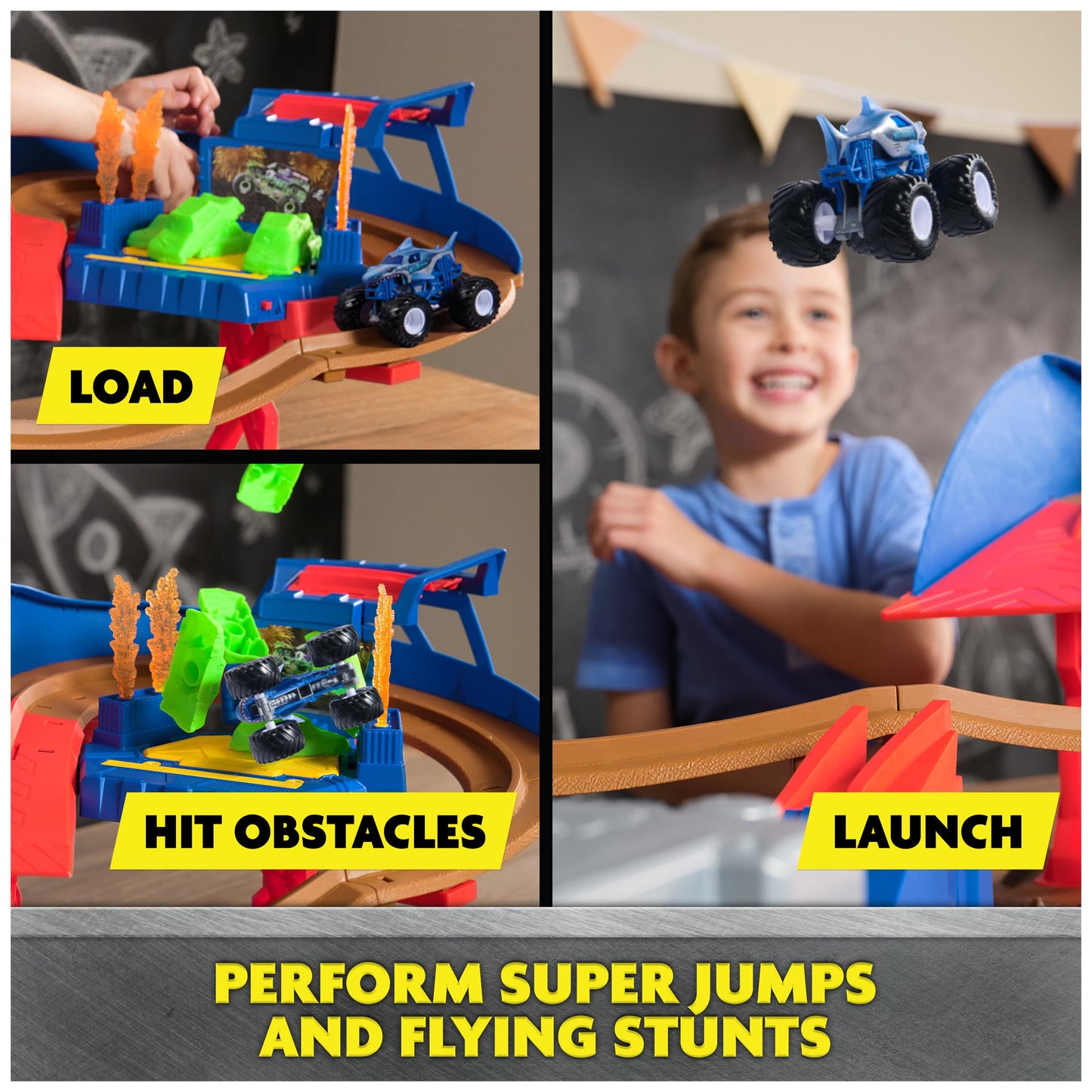 Monster Jam Supercharge Speedway Playset – Megalodon & El Toro Loco 1:64 Trucks, Light-Up World Finals Track