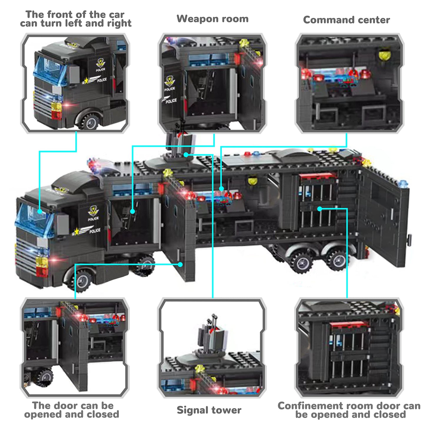 ELAICREE 1102-Piece City Police Station Building Kit – SWAT Mobile Command Center Truck & Police Set