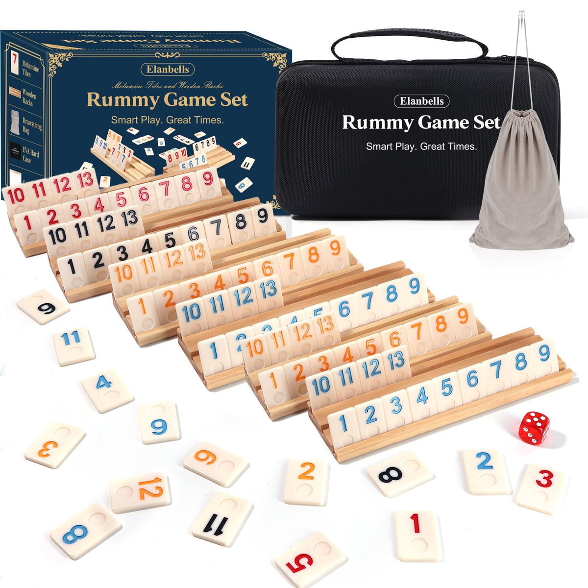 Elanbells Upgraded 2-6 Player Rummy Cube Board Game Set – 160 Tiles, 6 Wooden Racks, Portable Case