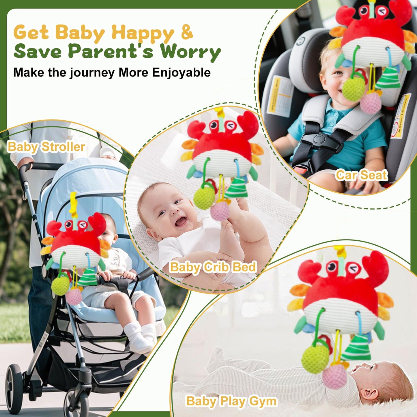 ElapseGlow Crab Baby Toy - Clip-On Sensory Teether & Rattle for Car Seat, Stroller, Gym | 0-12 Months