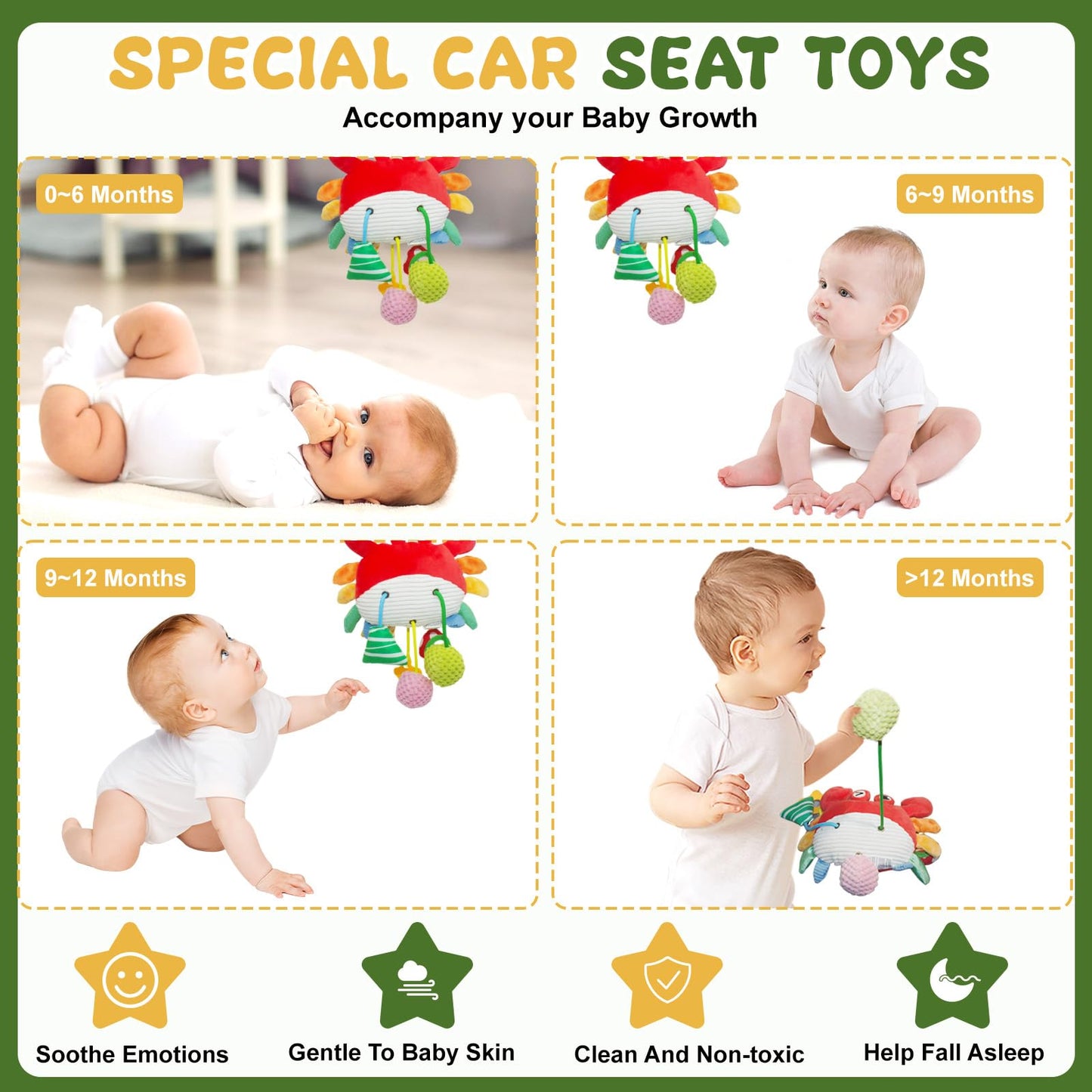 ElapseGlow Crab Baby Toy - Clip-On Sensory Teether & Rattle for Car Seat, Stroller, Gym | 0-12 Months