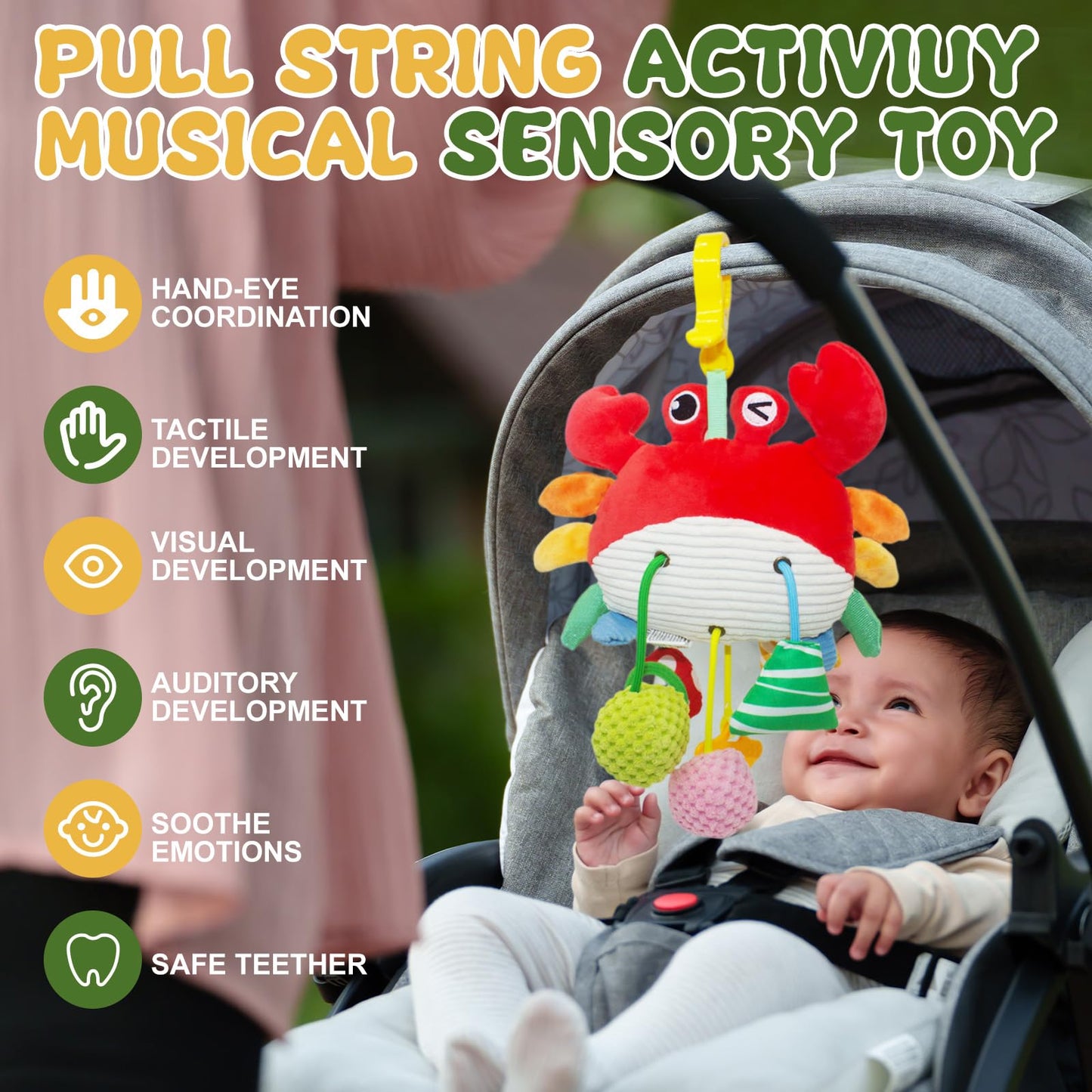 ElapseGlow Crab Baby Toy - Clip-On Sensory Teether & Rattle for Car Seat, Stroller, Gym | 0-12 Months