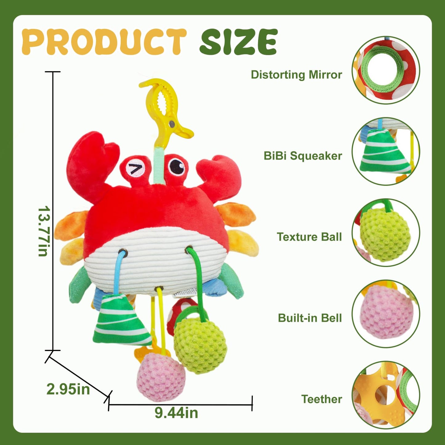 ElapseGlow Crab Baby Toy - Clip-On Sensory Teether & Rattle for Car Seat, Stroller, Gym | 0-12 Months