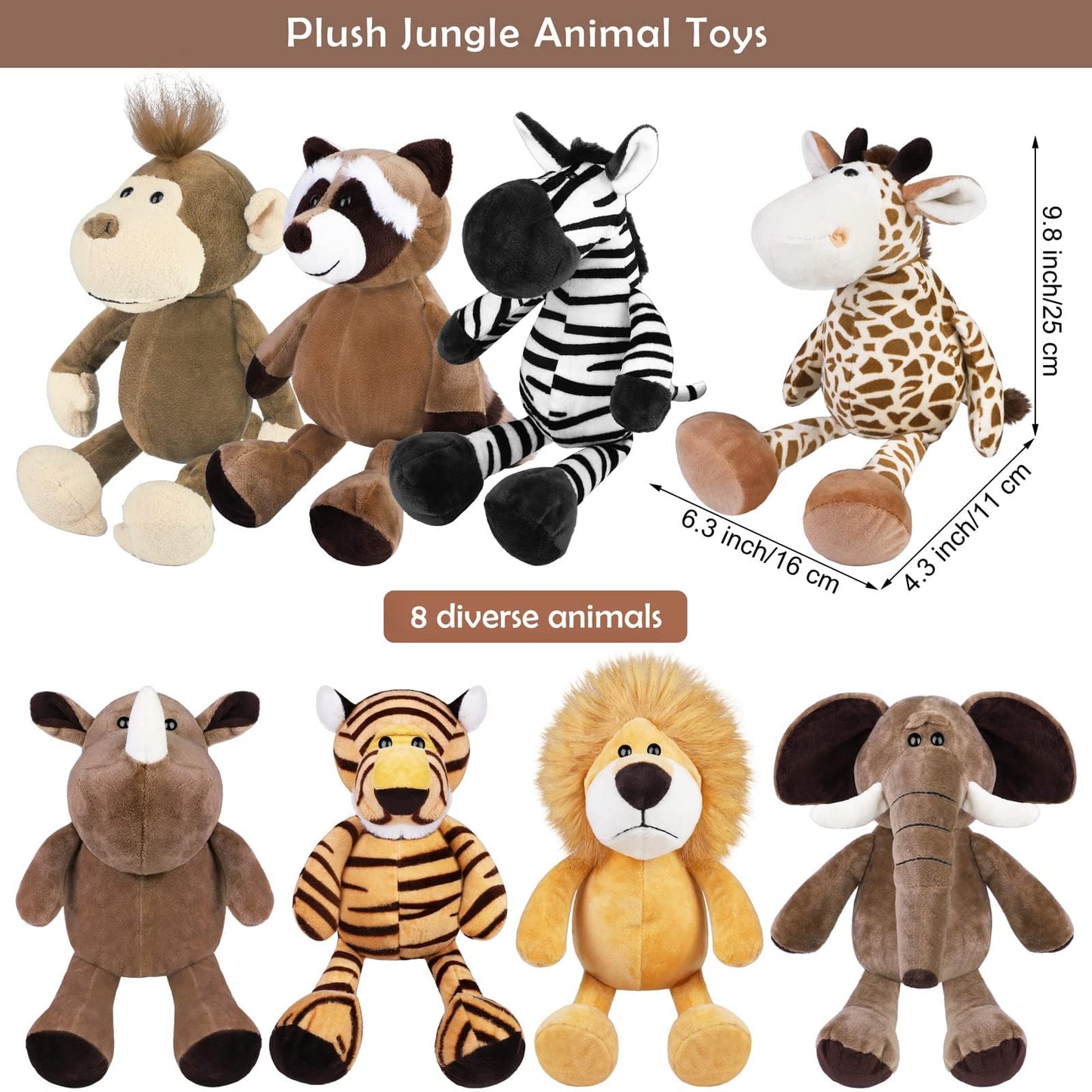 Elcoho 8-Piece Safari Plush Toys – 9.8-Inch Jungle Animal Plush Set for Parties, Gifts & Classroom Rewards