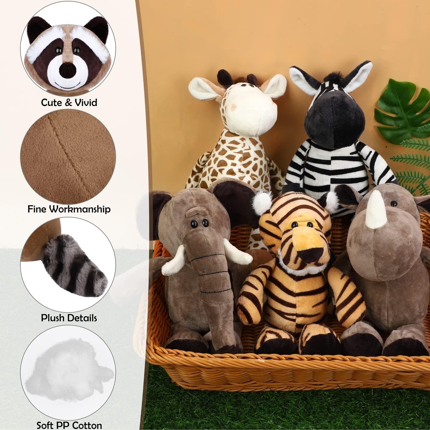 Elcoho 8-Piece Safari Plush Toys – 9.8-Inch Jungle Animal Plush Set for Parties, Gifts & Classroom Rewards